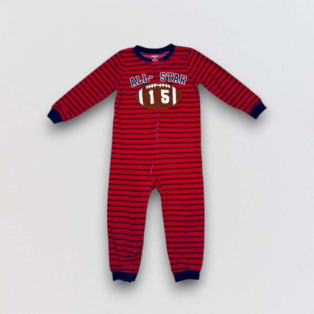 Football Fleece Sleeper Pajamas Red Striped Zip Romper Footless Toddler 4T